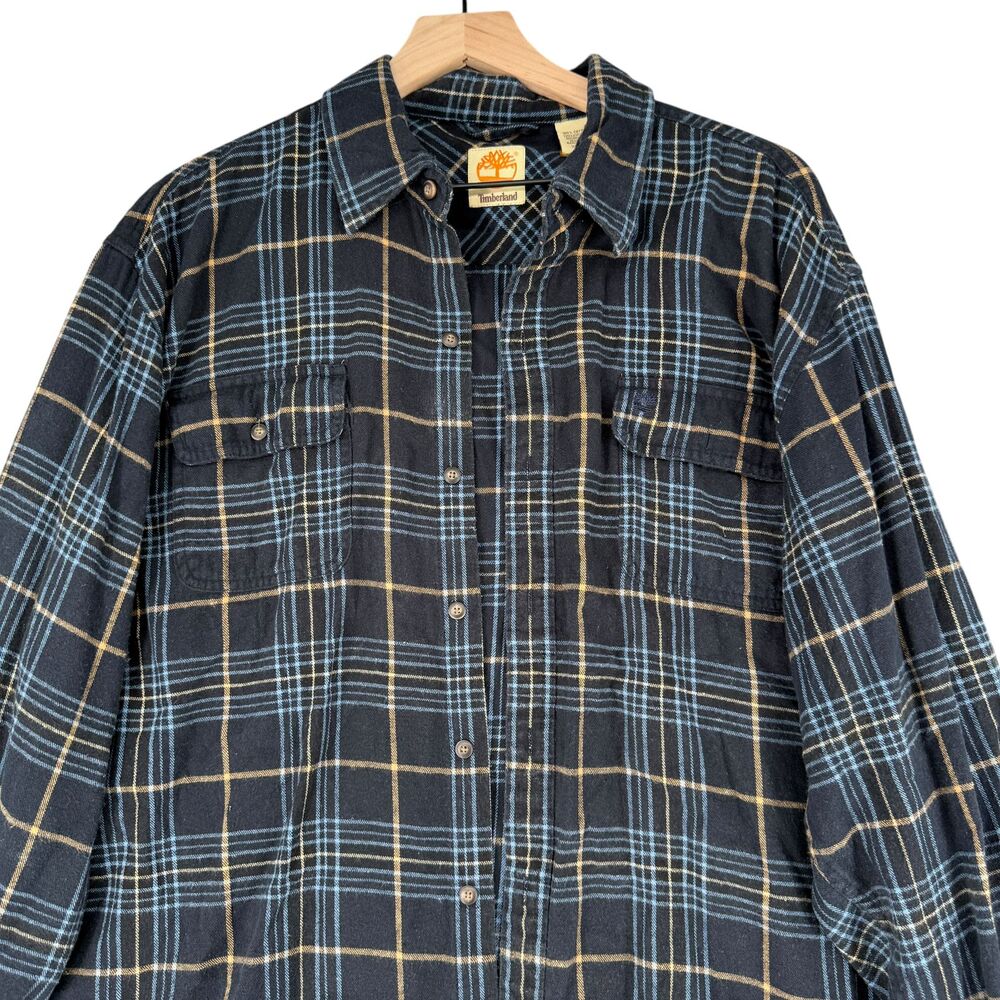 Timberland Button Shirt Men XL Navy Blue Yellow Plaid Cotton Flannel Long Sleeve - Picture 3 of 10